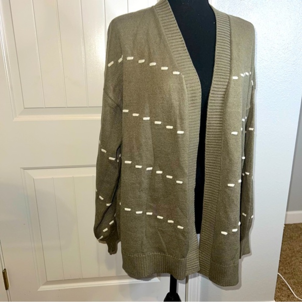 Le Serein Women's Green Cream Striped Balloon Sleeve Cardigan Sz Large NWT